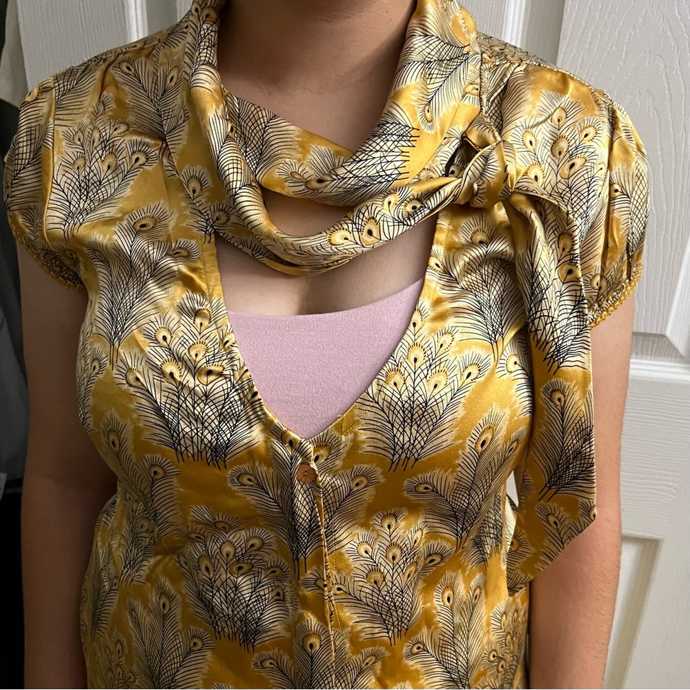 Free People, 100% silk blouse, yellow/gold and black print blouse.